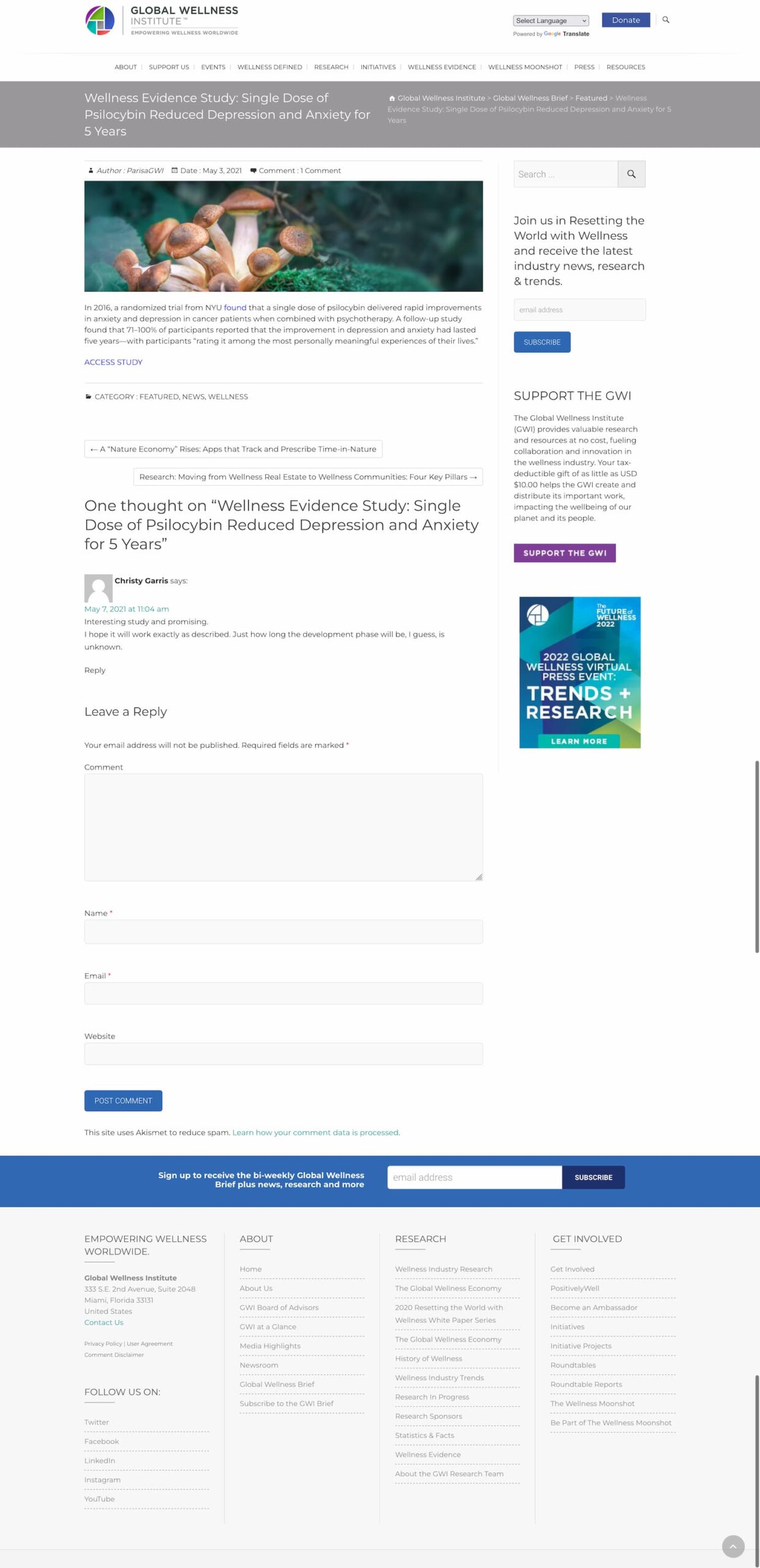 Wellness-Evidence-Study-Single-Dose-of-Psilocybin-Reduced-Depression-and-Anxiety-for-5-Years-Global-Wellness-Institute